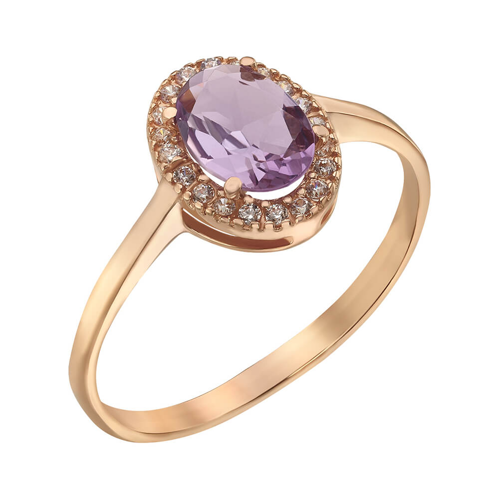Золотое кольцо с аметистом и фианитами. Артикул 004376