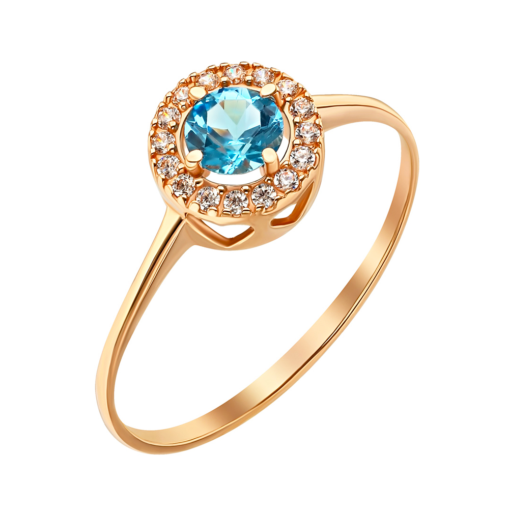 Золота каблучка з блакитним топазом і фіанітами. Артикул 006729