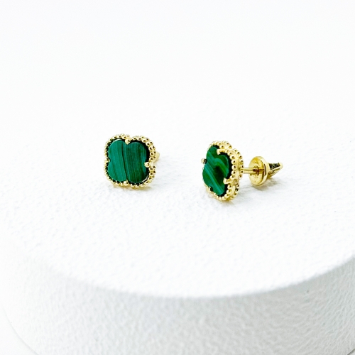 Золотые серьги Клевер с малахитом. Артикул 6903