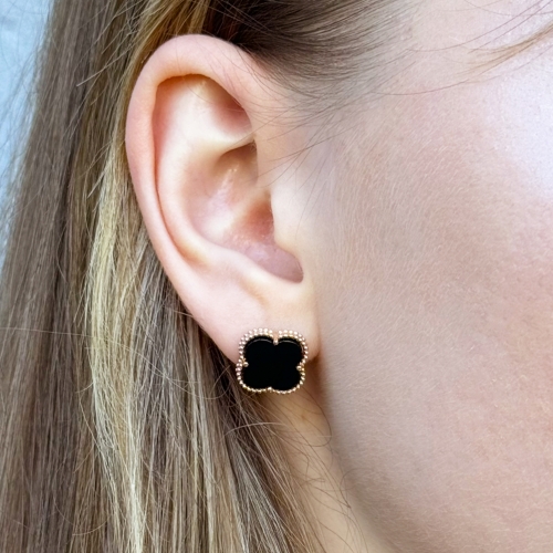 Золотые серьги Клевер с ониксом. Артикул 007509