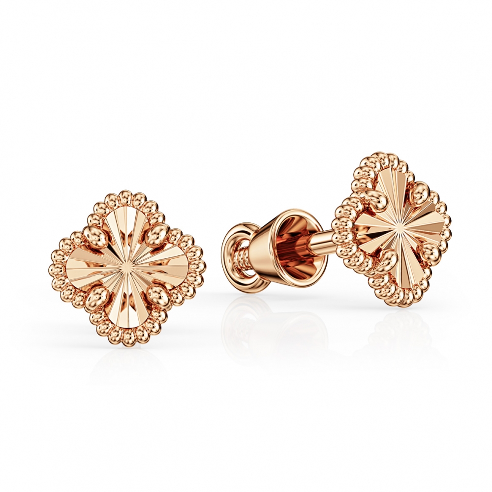 Золотые серьги-пусеты Клевер с алмазной гранью. Артикул: 010874