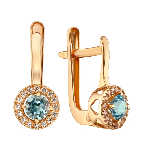 Золоті сережки з блакитним топазом і фіанітами. Артикул: 006722