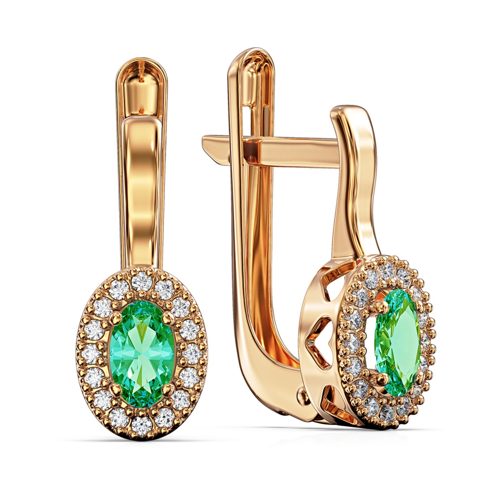 Золотые серьги с изумрудом и фианитами. Артикул: 010460